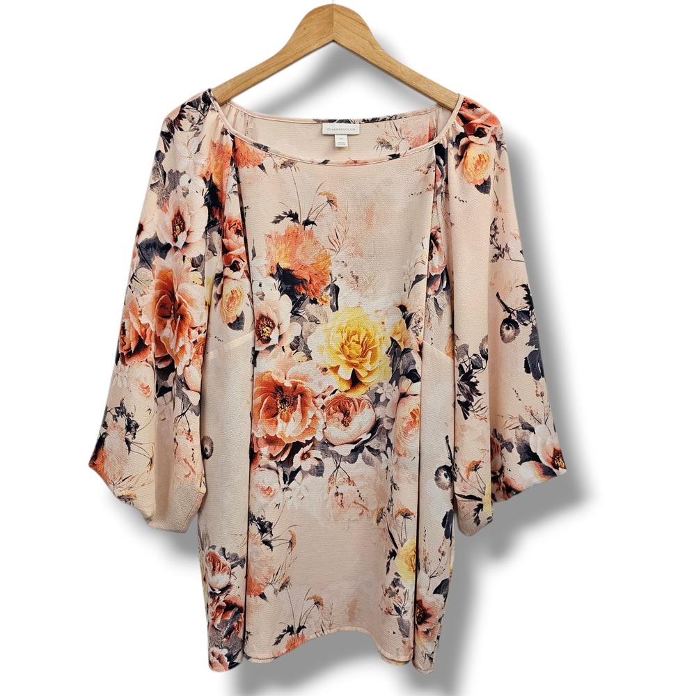 Charter Club Top 3X Womens Peach Floral Bell Sleeve Boat Neck Lightweight Boho